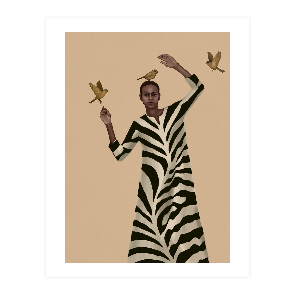 Woman With Birds And Zebra Pattern Dress (Print Only)