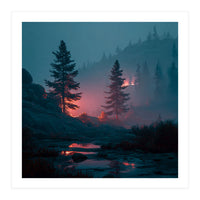 Atmospheric Twilight Pine Forest with Glowing Crimson Light (Print Only)