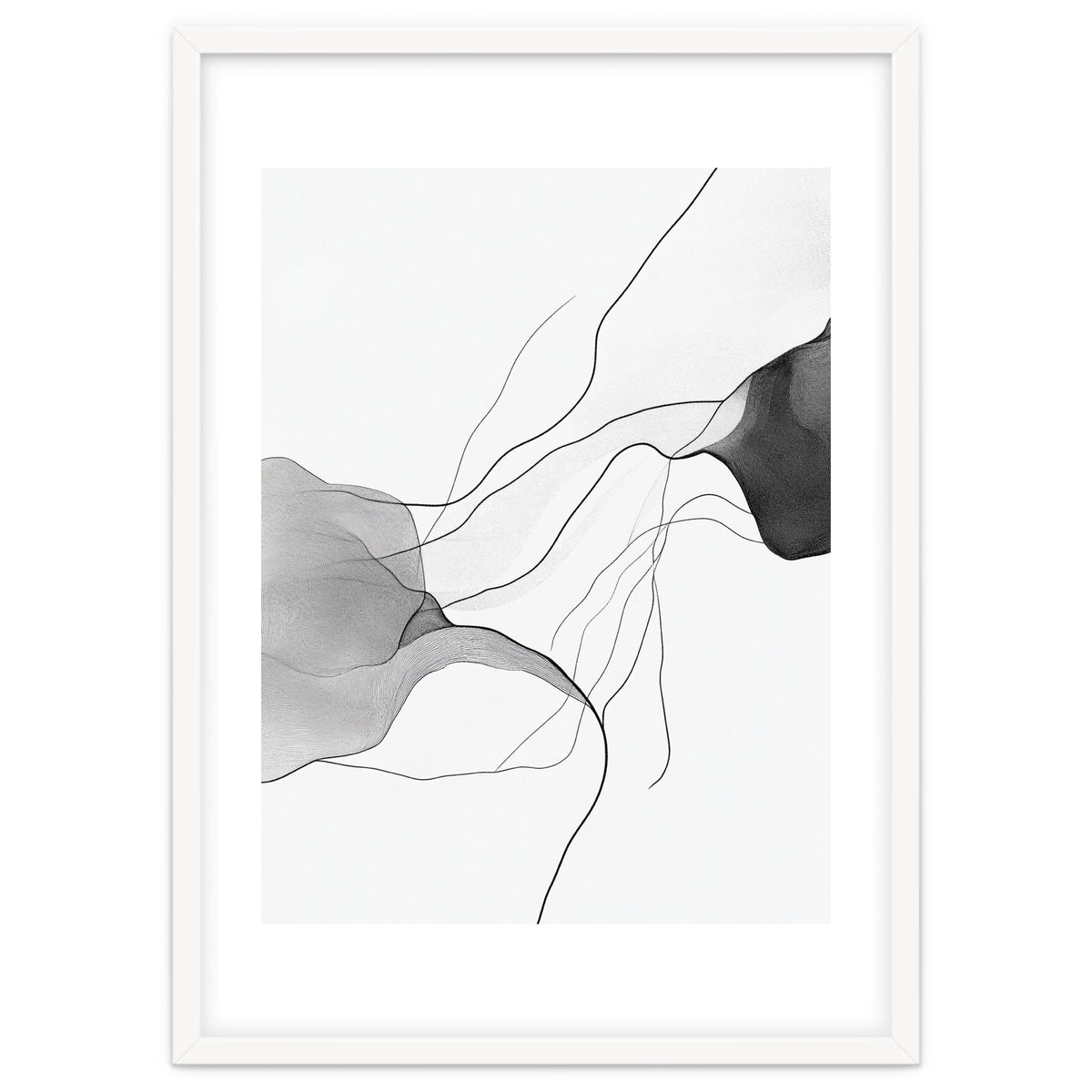Abstract Black And White Flowing Lines And Shapes On White Background