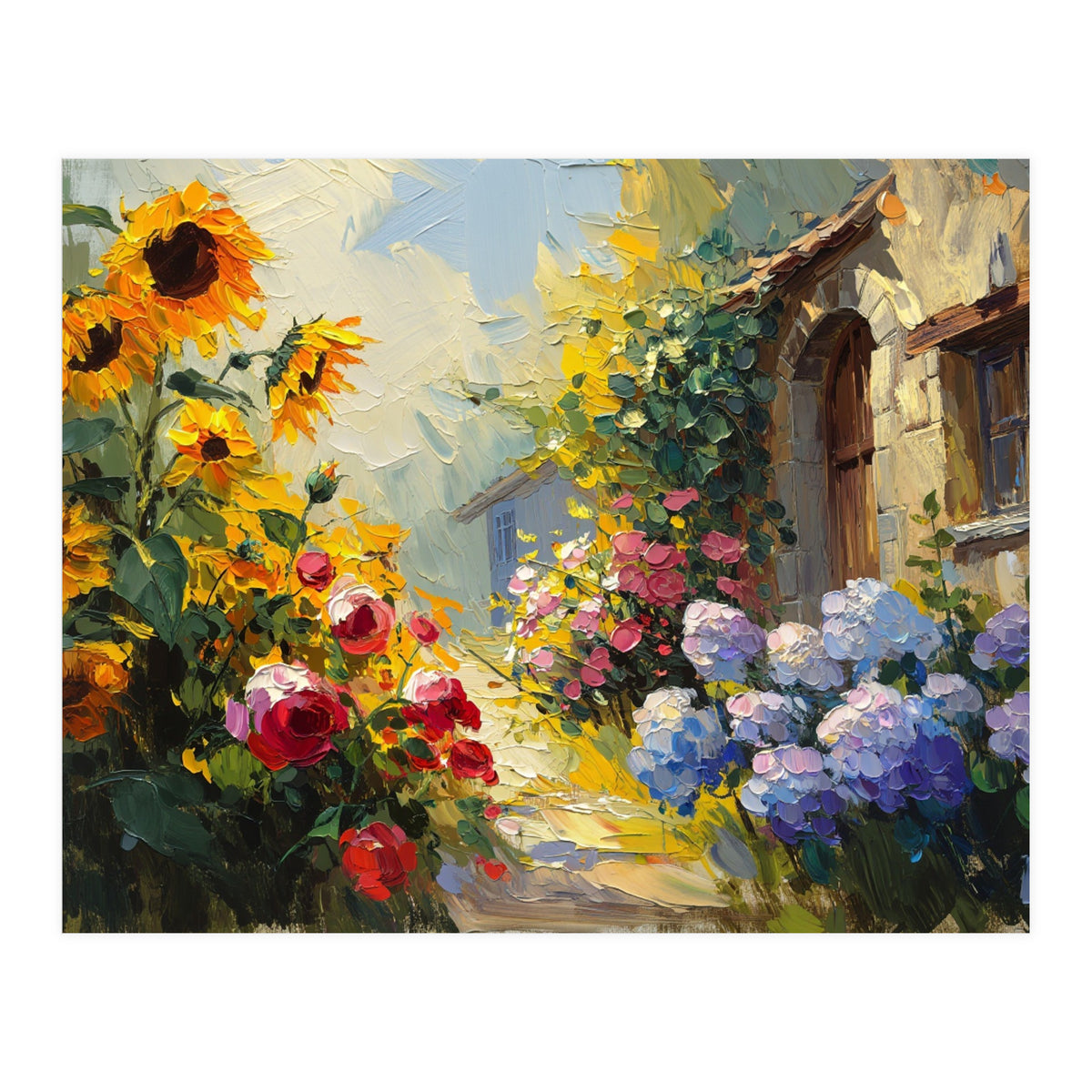 Vibrant Summer Cottage Garden Oil Painting (Print Only)