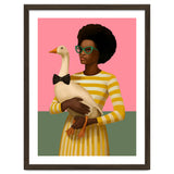 Stylish Woman Holding Goose In Striped Dress thumbnail