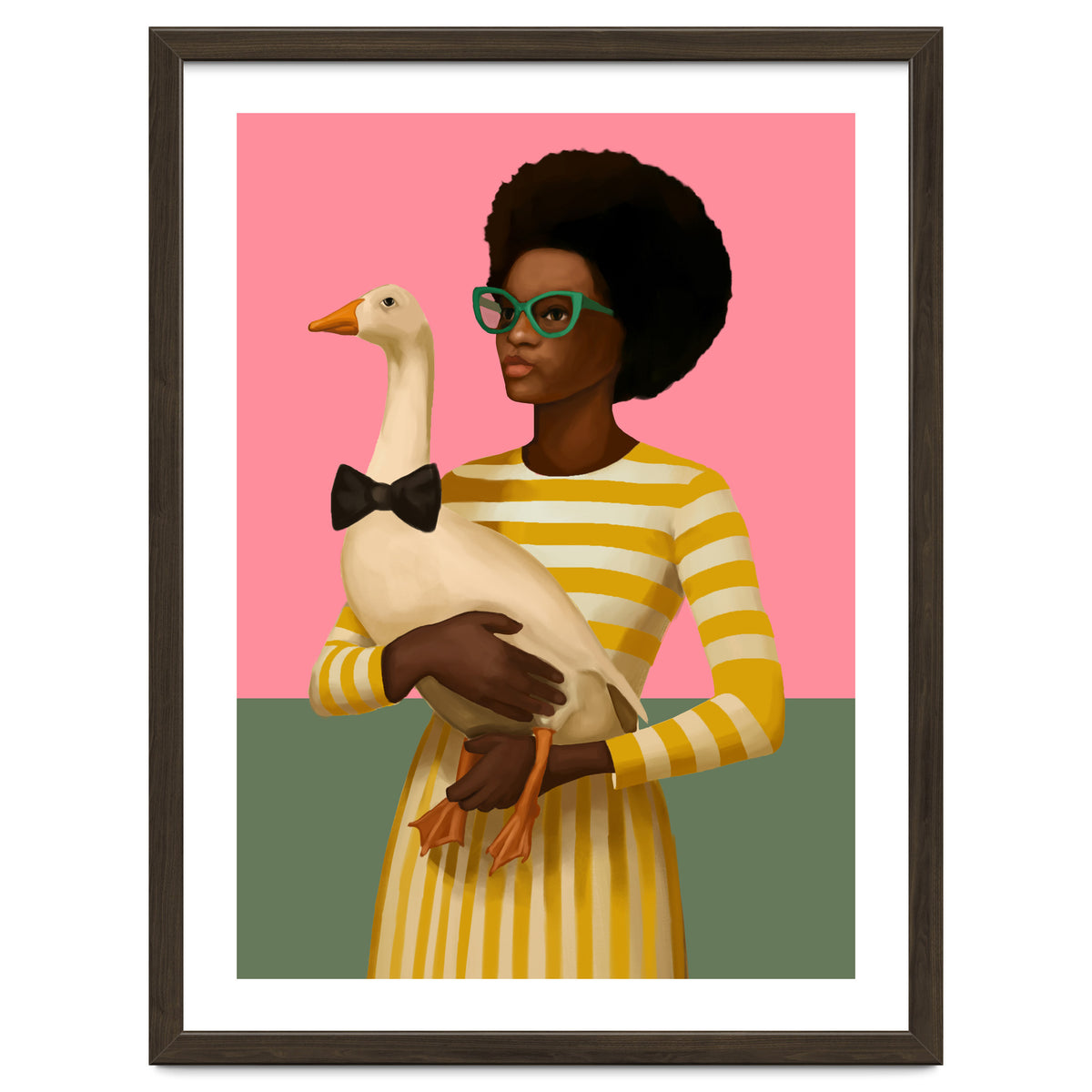 Stylish Woman Holding Goose In Striped Dress