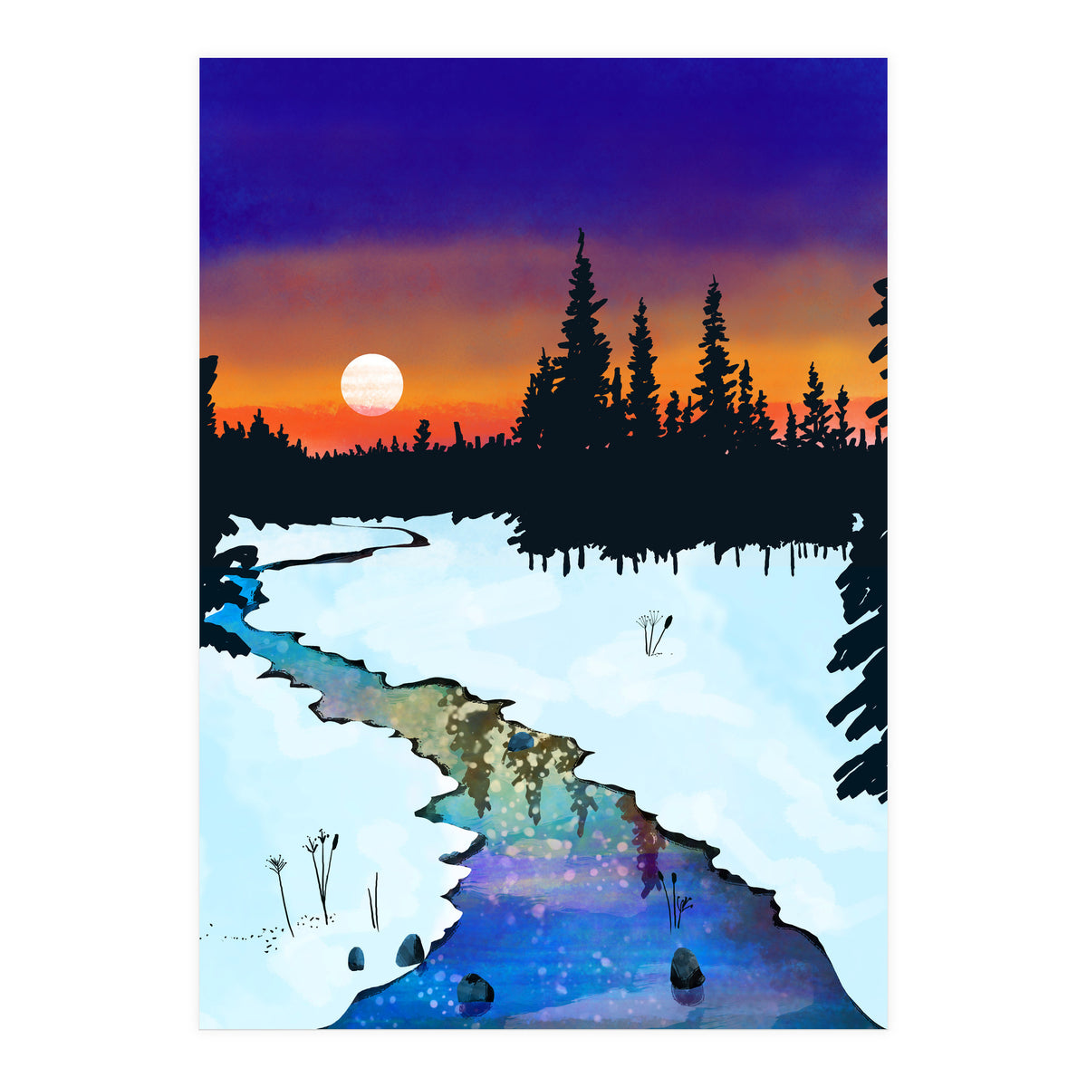 Purple Midnight, Snow River Full Moon Nature Landscape Painting, Winter Travel Adventure Places (Print Only)
