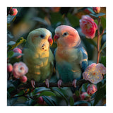 Two Lovebirds Perched On A Branch Near Flowers (Print Only) thumbnail