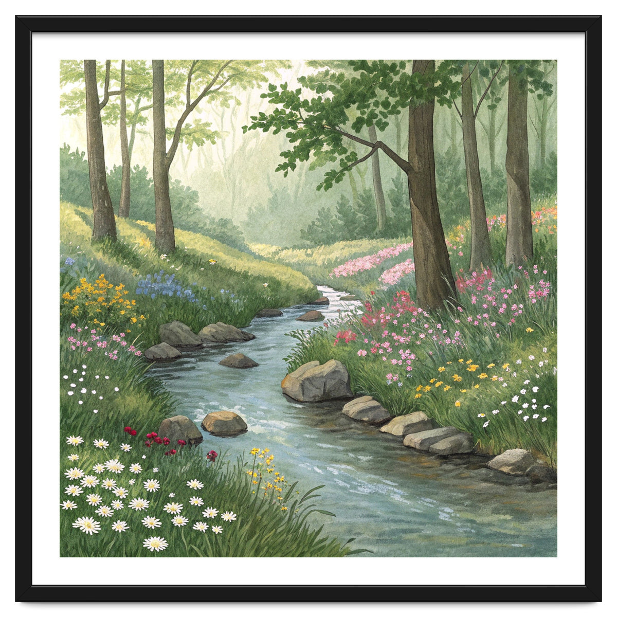 Vibrant Forest Stream Watercolor Painting