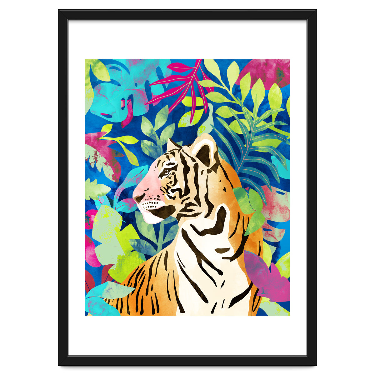 Tropical Tiger, Animal Jungle Watercolor Painting, Nature Travel Wild Botanical