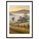 Rustic Red Roof Barn in Misty Morning Valley Landscape thumbnail