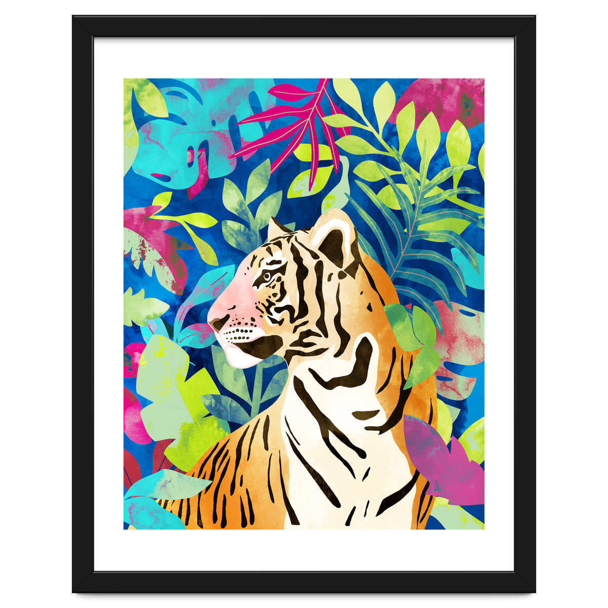 Tropical Tiger, Animal Jungle Watercolor Painting, Nature Travel Wild Botanical