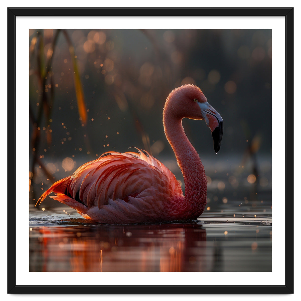 Pink Flamingo Swimming In Sunlight Water
