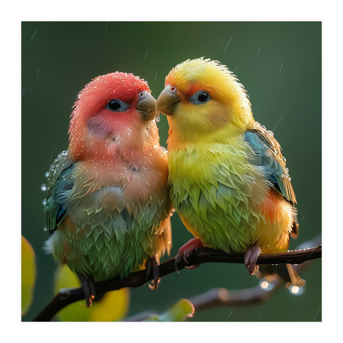 Two Lovebirds Perched On A Branch In Rain (Print Only)
