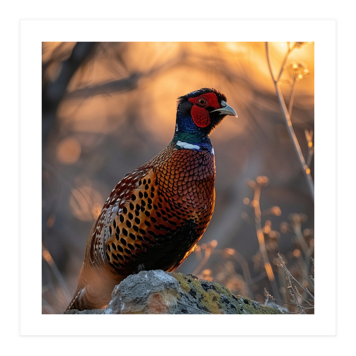 Pheasant Bird Standing On Rock Sunrise Light (Print Only)