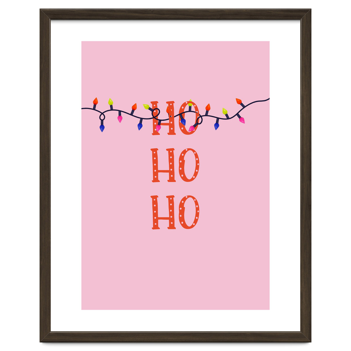 HO HO HO Christmas Lights Art, Pink Holiday Illustration, Modern Festive Quote