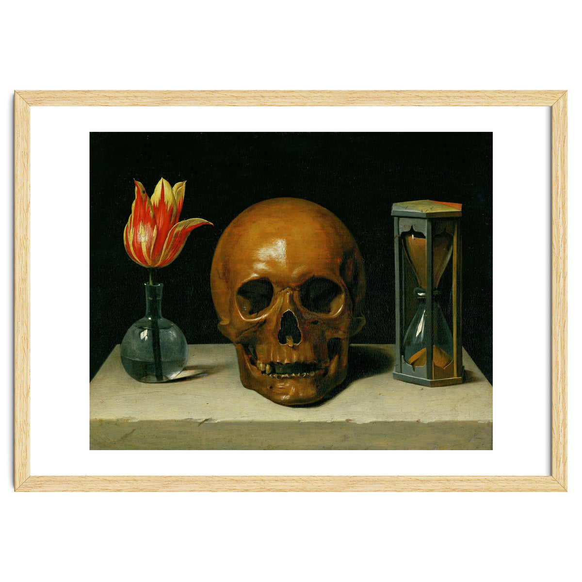 Vanitas, allegory of fleeting time with skull and hour-glass. Oil on canvas.