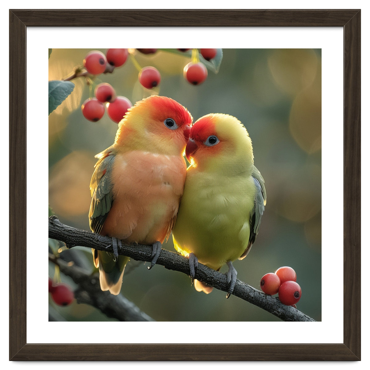 Two Lovebirds Sitting On A Branch