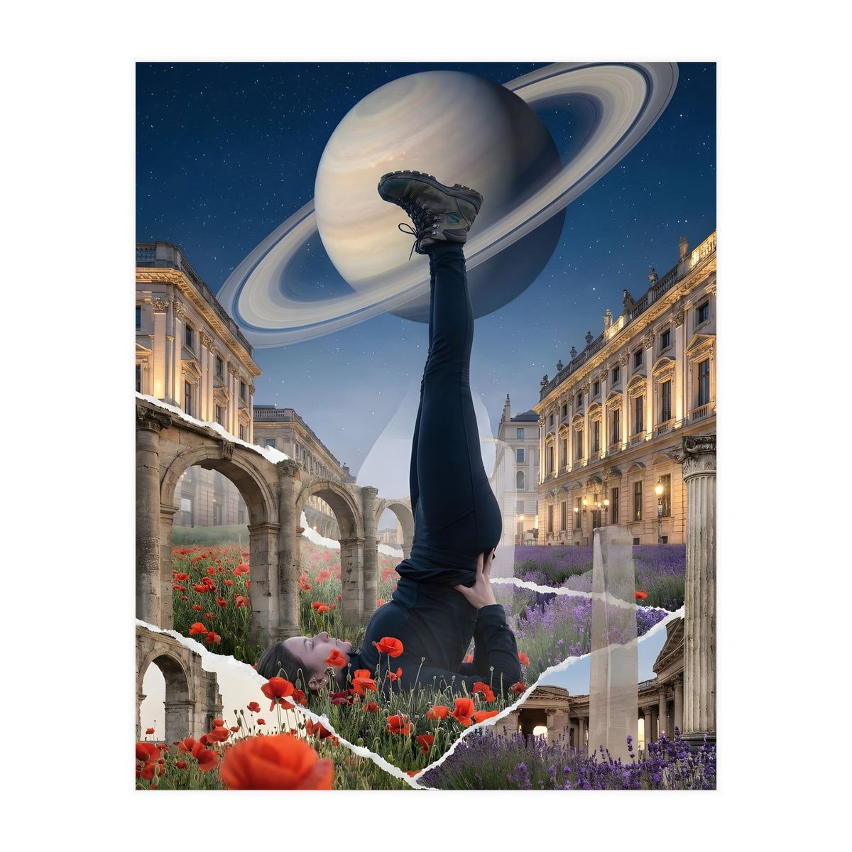 Cosmic Balance: Surreal Yoga in Ancient Dreamscapes (Print Only)