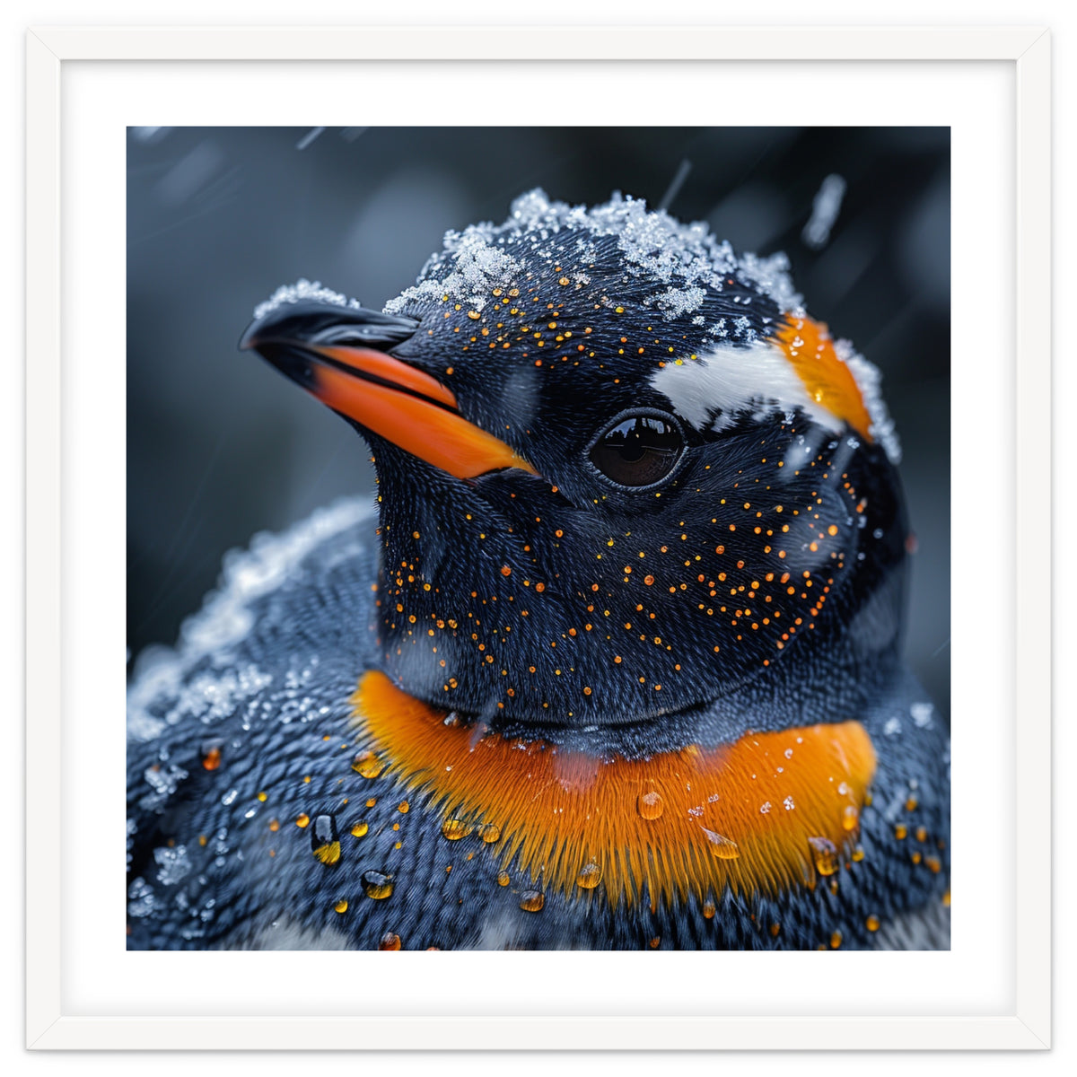 Close Up Penguin In Snow With Water Droplets