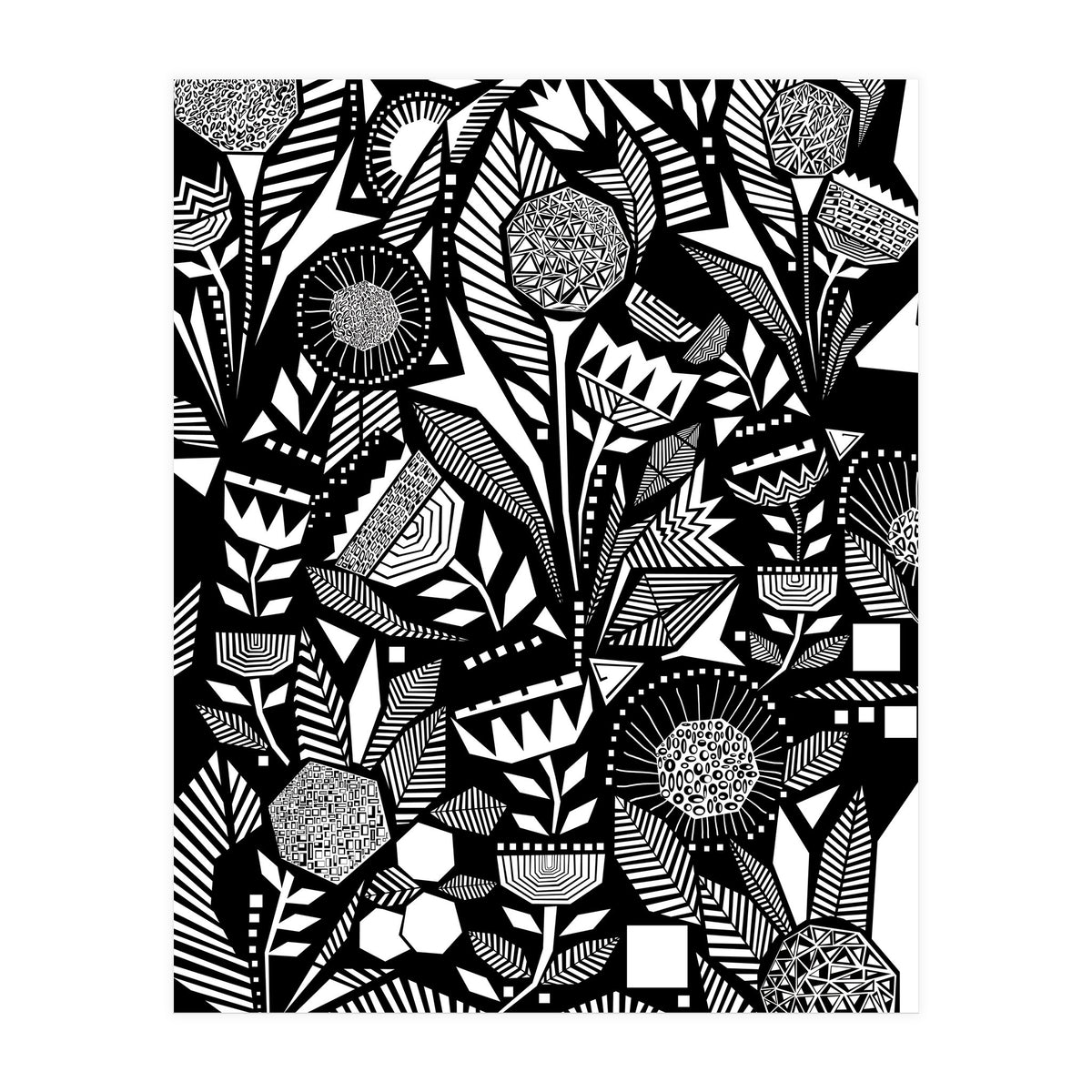 African Tribal, Black & White Abstract Drawing Sketch Line Art, Rustic Botanical Illustration, Bohemian Eclectic Scandinavian Vintage Bold (Print Only)