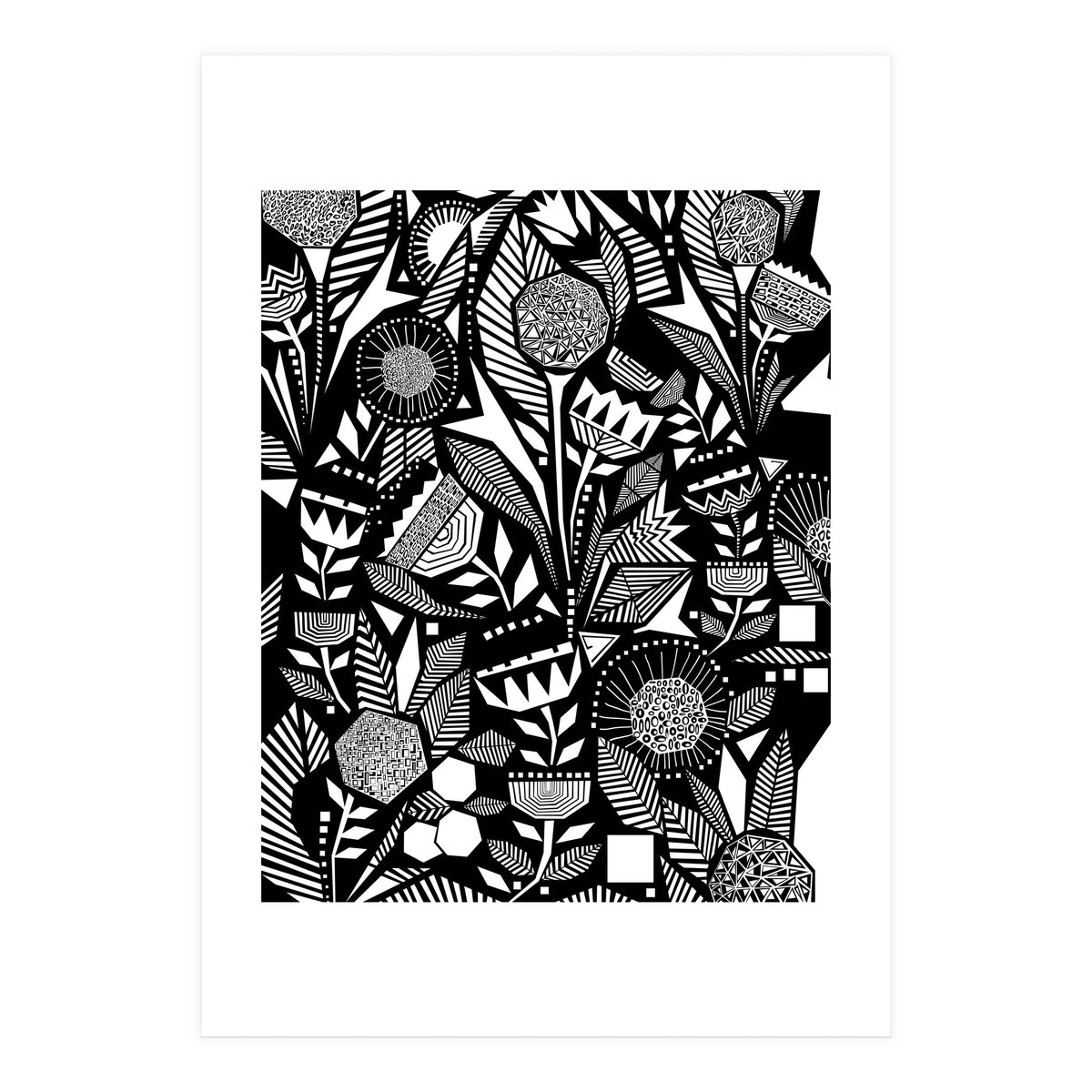 African Tribal, Black & White Abstract Drawing Sketch Line Art, Rustic Botanical Illustration, Bohemian Eclectic Scandinavian Vintage Bold (Print Only)