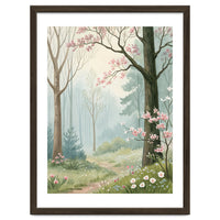 Enchanted Spring Woodland Path with Blooming Cherry Blossoms and Misty Pastel Forest Atmosphere