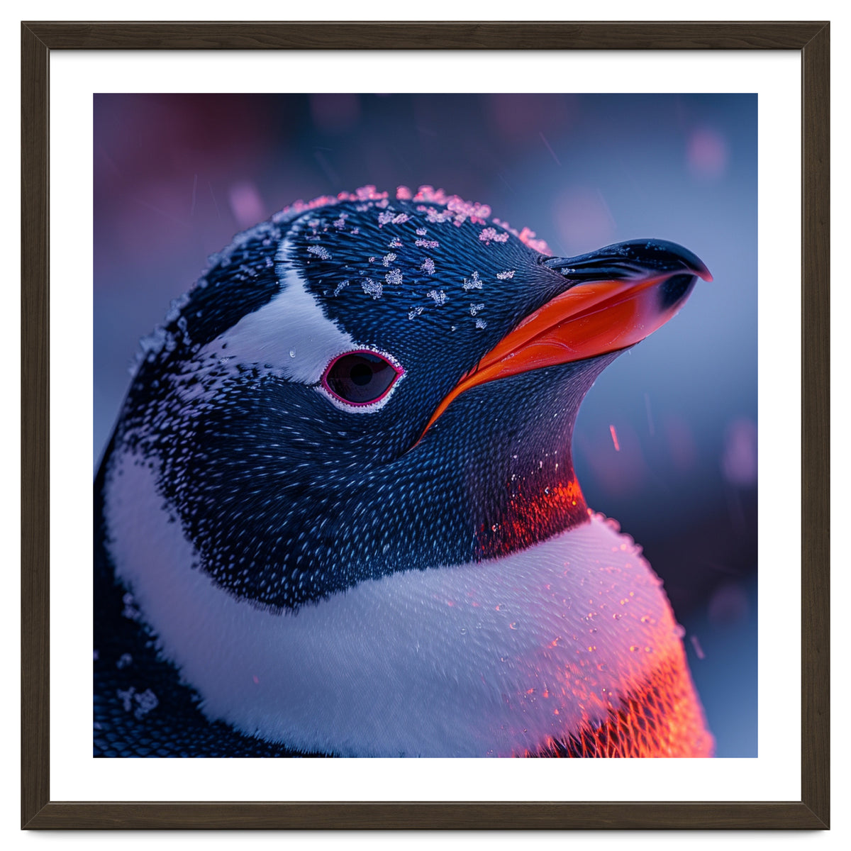 Close Up Penguin With Snowflakes On Head