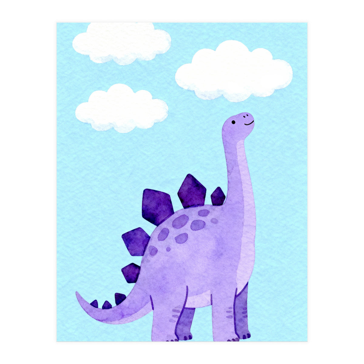 Purple Stegosaurus Watercolor Art, Cute Dinosaur Nursery Print, Dino and Clouds Illustration (Print Only)
