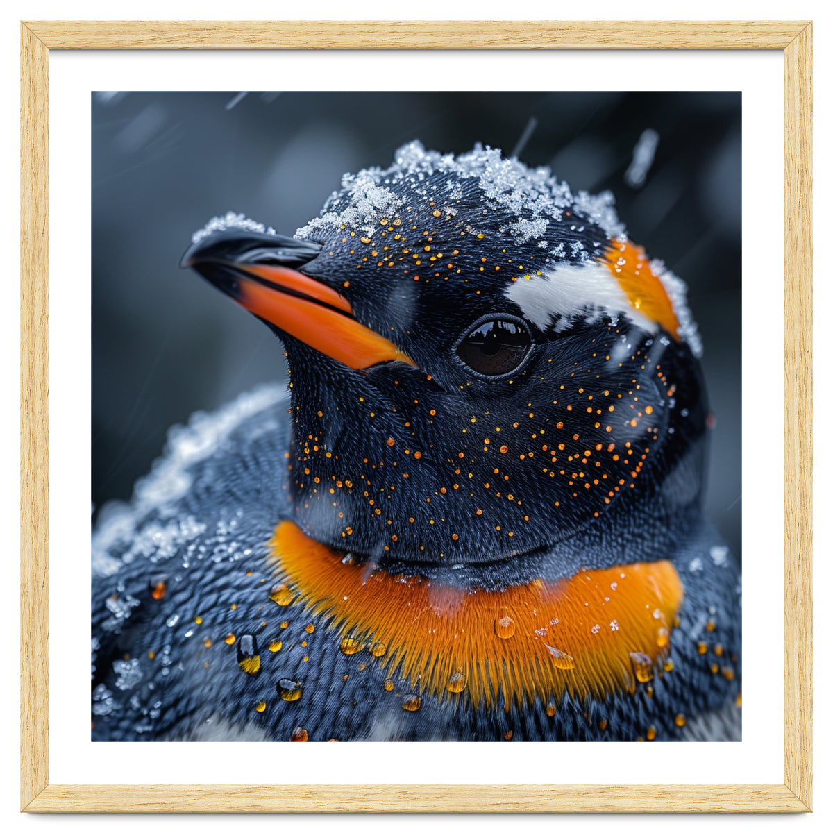 Close Up Penguin In Snow With Water Droplets