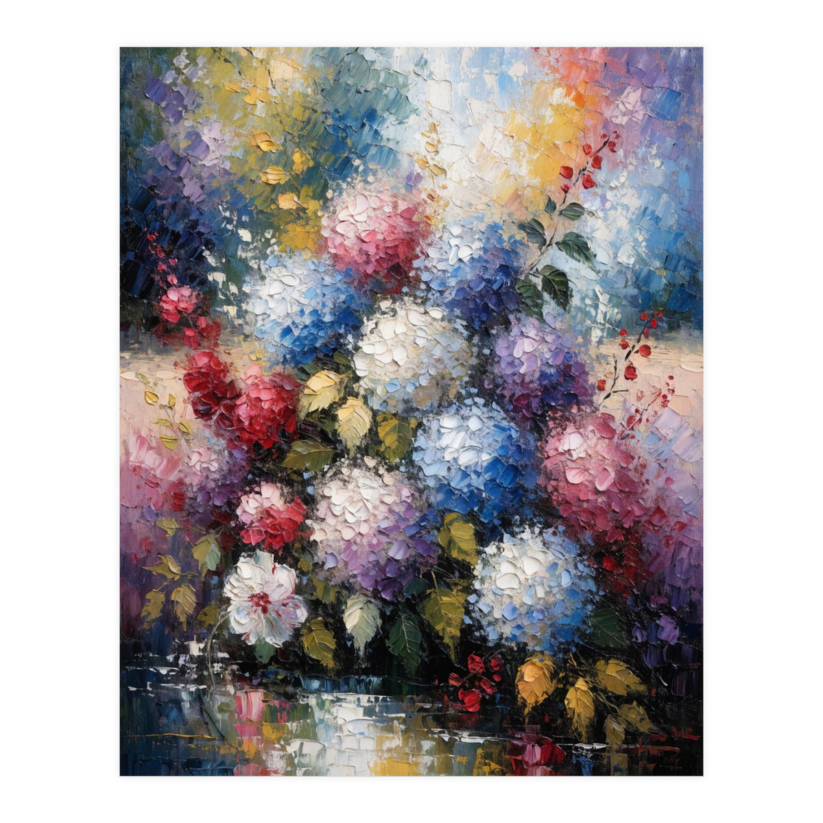 Vibrant Summer Hydrangea Bouquet Heavy Impasto Oil Painting (Print Only)