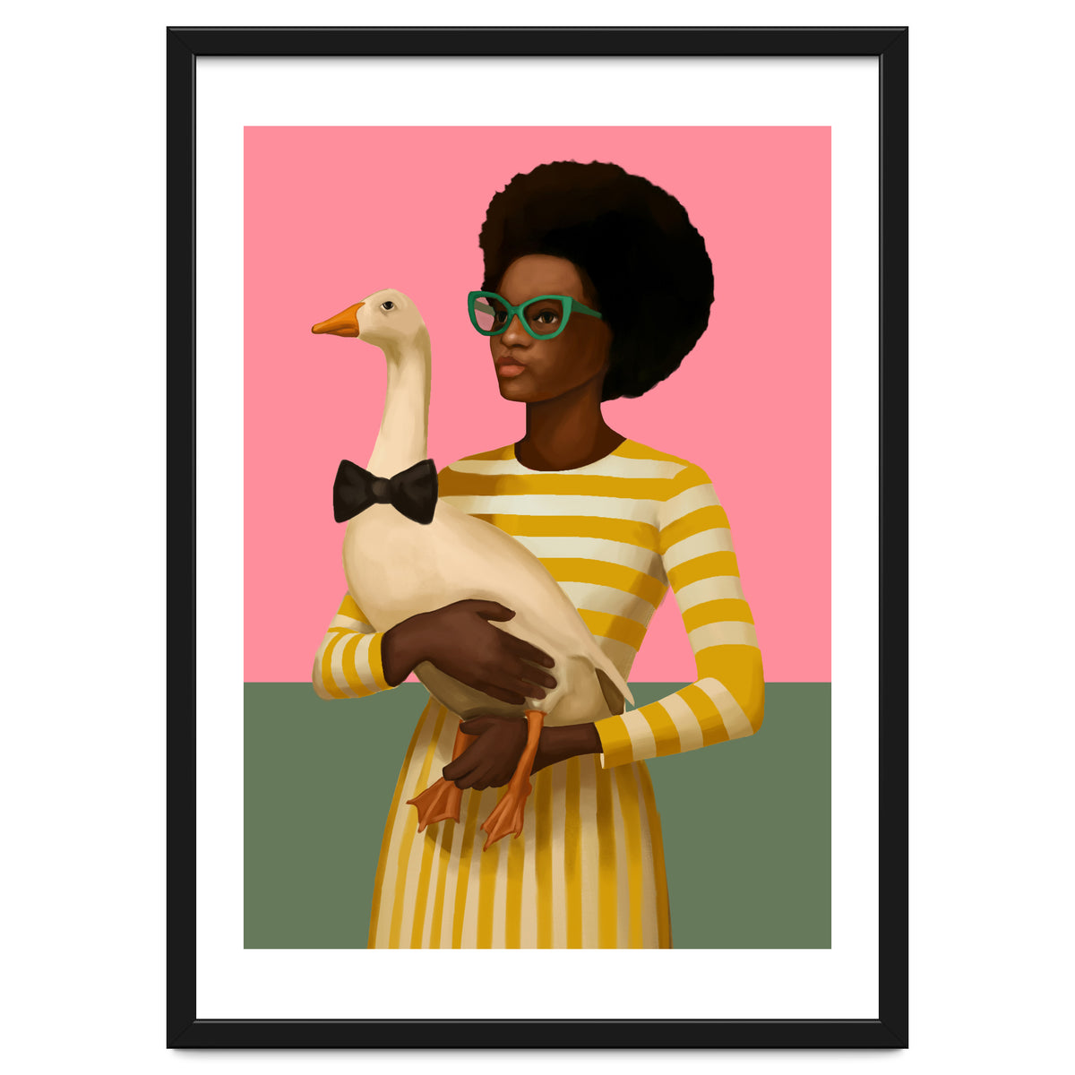 Stylish Woman Holding Goose In Striped Dress
