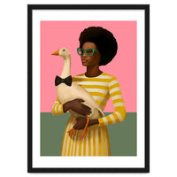 Stylish Woman Holding Goose In Striped Dress