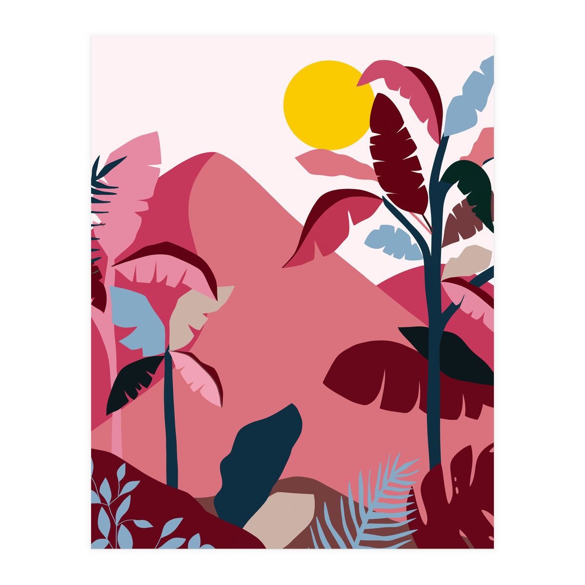 Tropical Sundowner, Pastel Jungle Botanical Nature, Summer Plants Palms Sunset, Mountain Landscape Travel Adventure (Print Only)