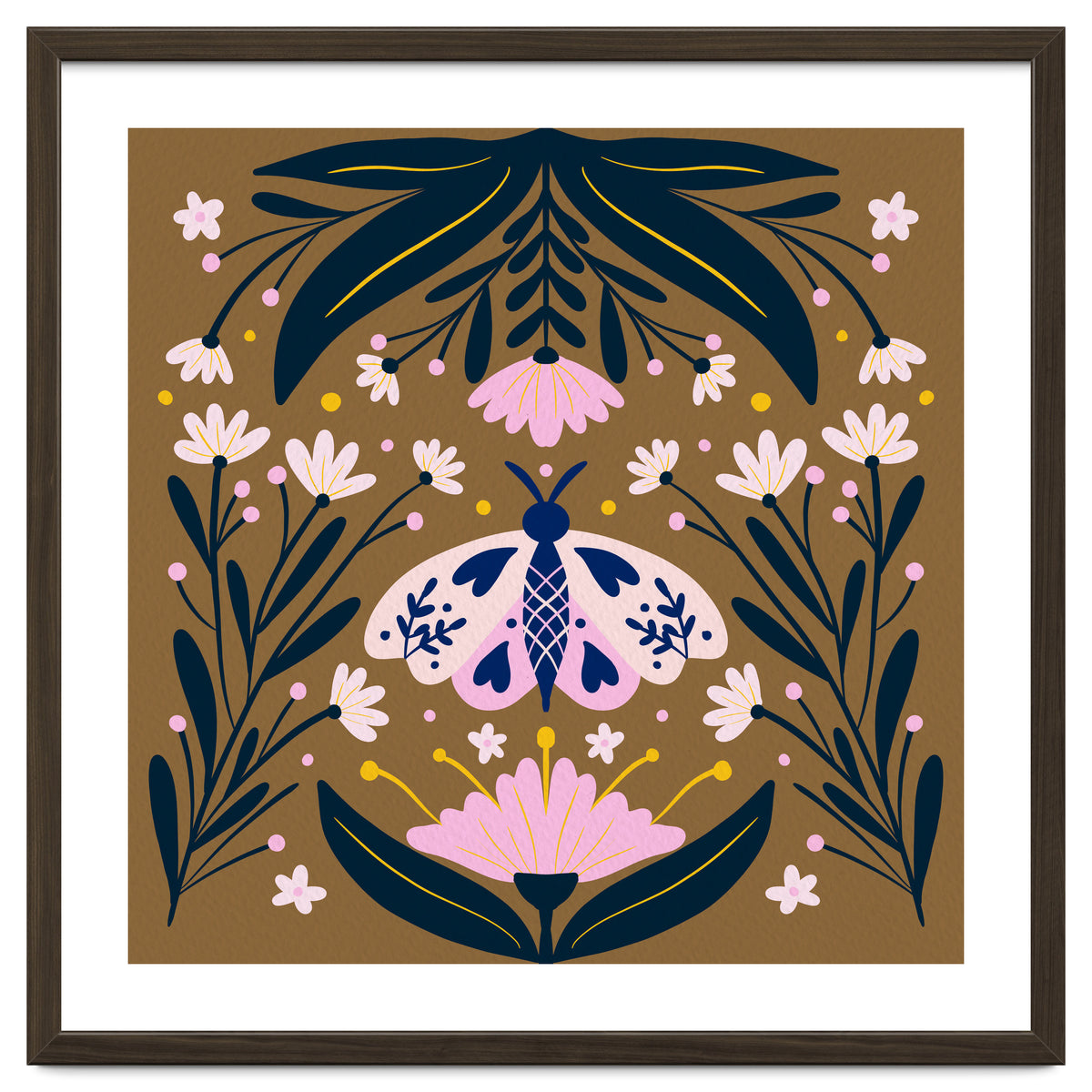 Pink Moth with Flowers on a brown background