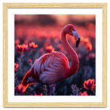 Pink Flamingo Bird Standing Among Flowers At Sunset thumbnail