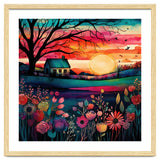 Watercolor Folk Art Sunset Landscape thumbnail