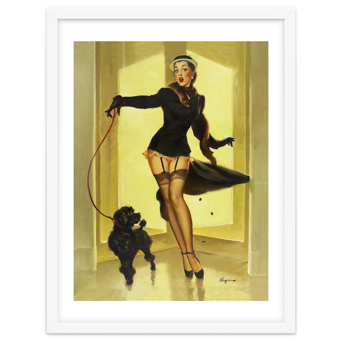 Pinup Girl In Black Dress On A Hall Experiencing Sudden Wind