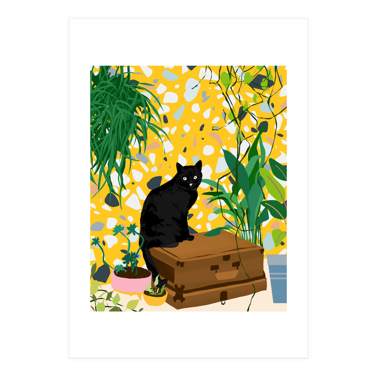 Urban Jungle Cat, Black Cats Pets Terrazzo Decor, Whimsical Bohemian Animals Illustration, Eclectic Quirky Travel (Print Only)