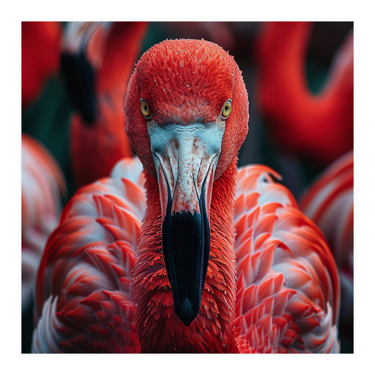 Close Up Flamingo Head With Bright Red Feathers (Print Only)