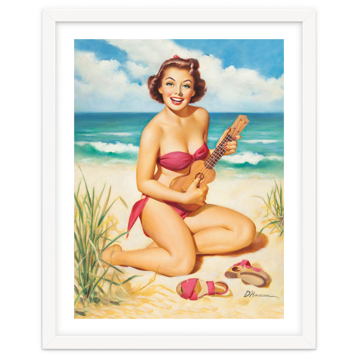 Pinup Girl Playing Ukulele On The Beach