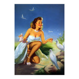 Beautiful Pinup Girl Feeding White Pigeons (Print Only) thumbnail