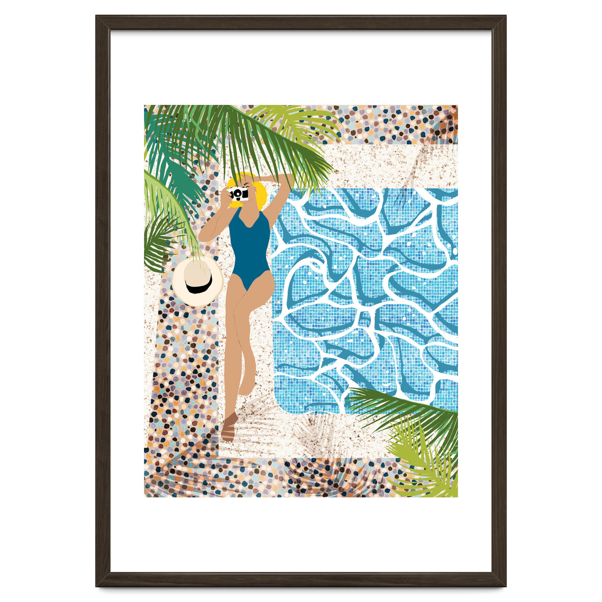 Click, Summer Travel Poolside Swim, Moroccan Tiles Staycation Vacation Holiday, Bohemian Woman Swimsuit Fashion Pose