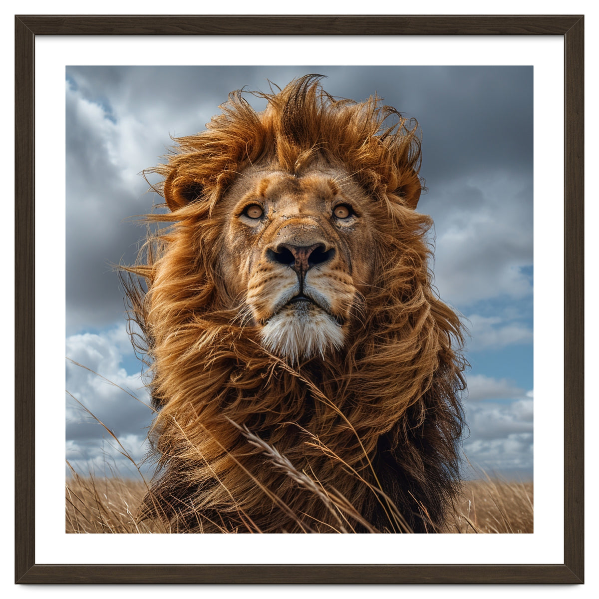 Majestic Lion Portrait Windblown Mane Outdoors