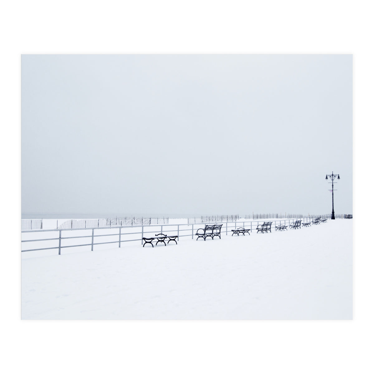 Benches along the pier on snow beach (Print Only)