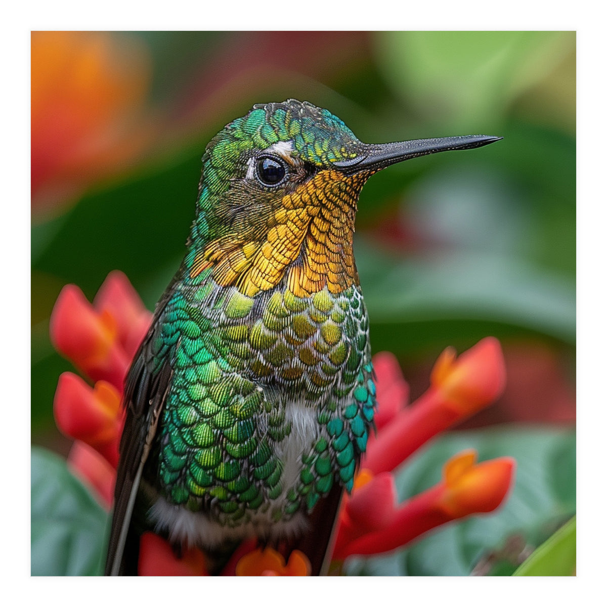 Close Up Of A Hummingbird On Red Flowers (Print Only)