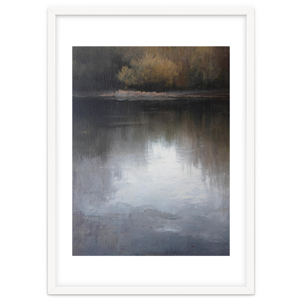 Atmospheric Golden Autumn Forest Reflection Oil Painting