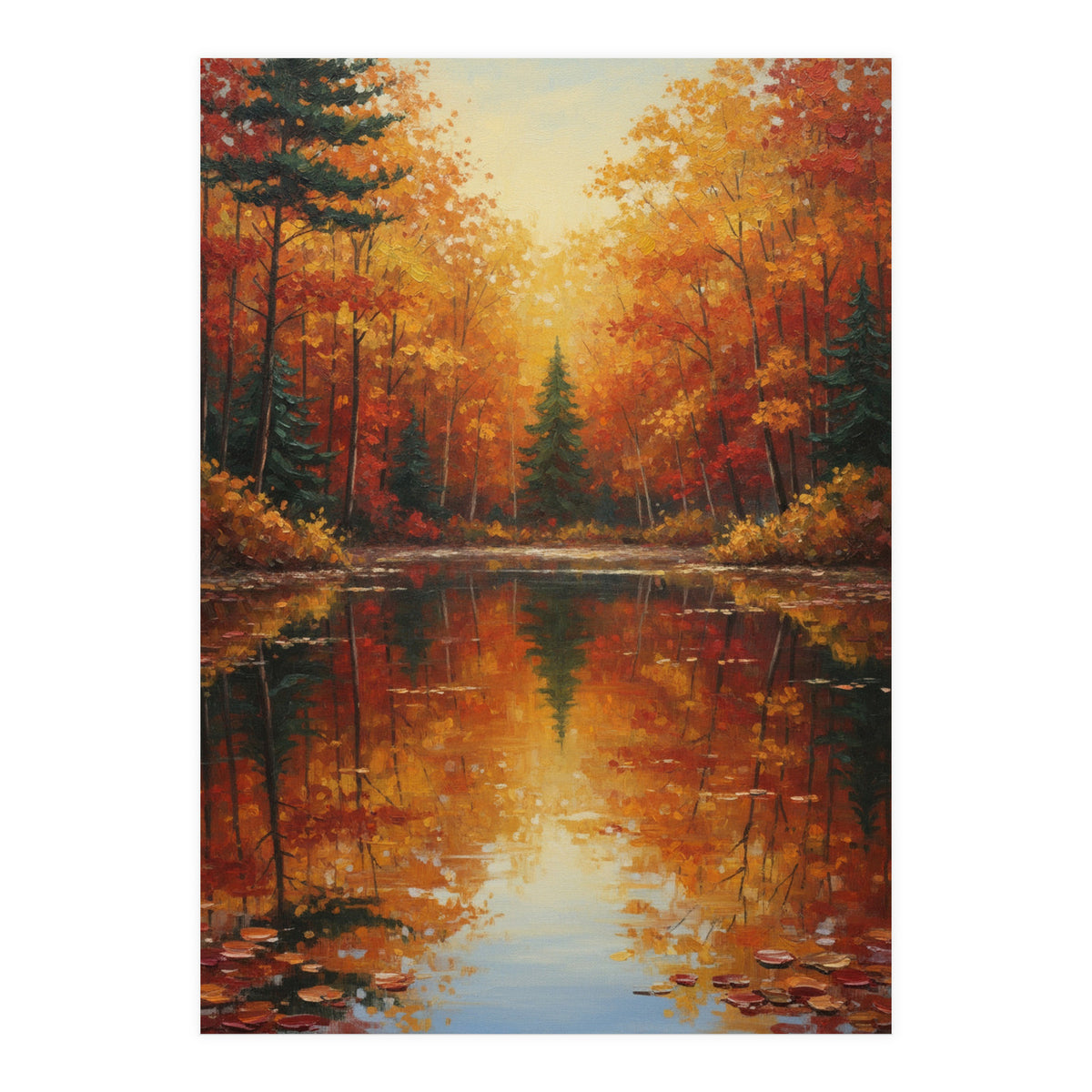 Golden Autumn Reflection: Impasto Forest Landscape (Print Only)