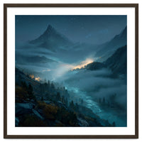 Moonlit Alpine Valley at Night with Shimmering River