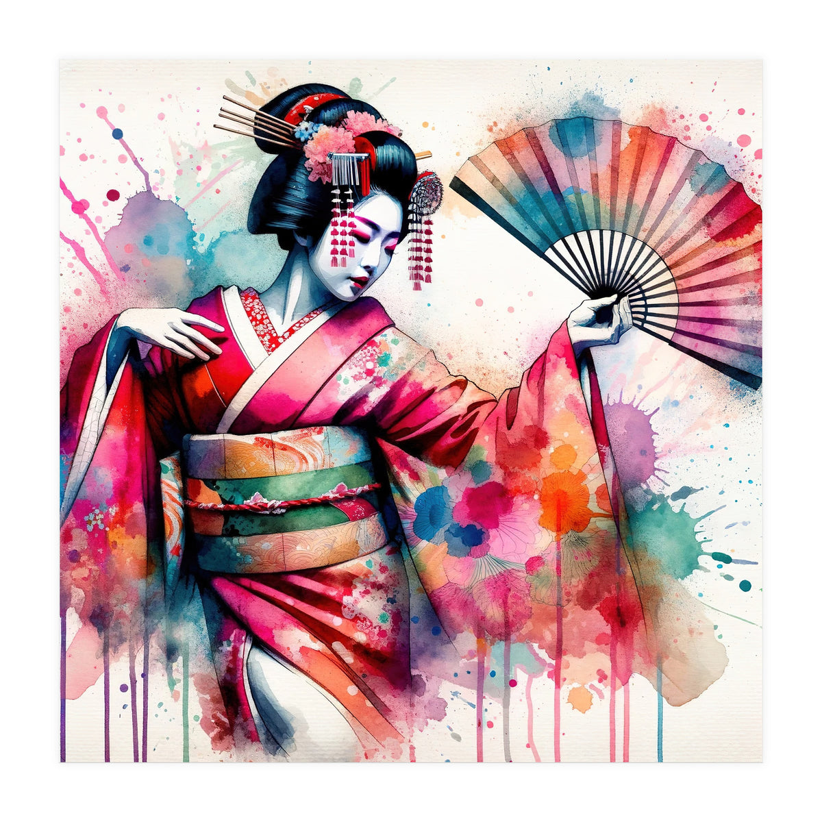 Vibrant Geisha With Rainbow Hand Fan (Print Only)