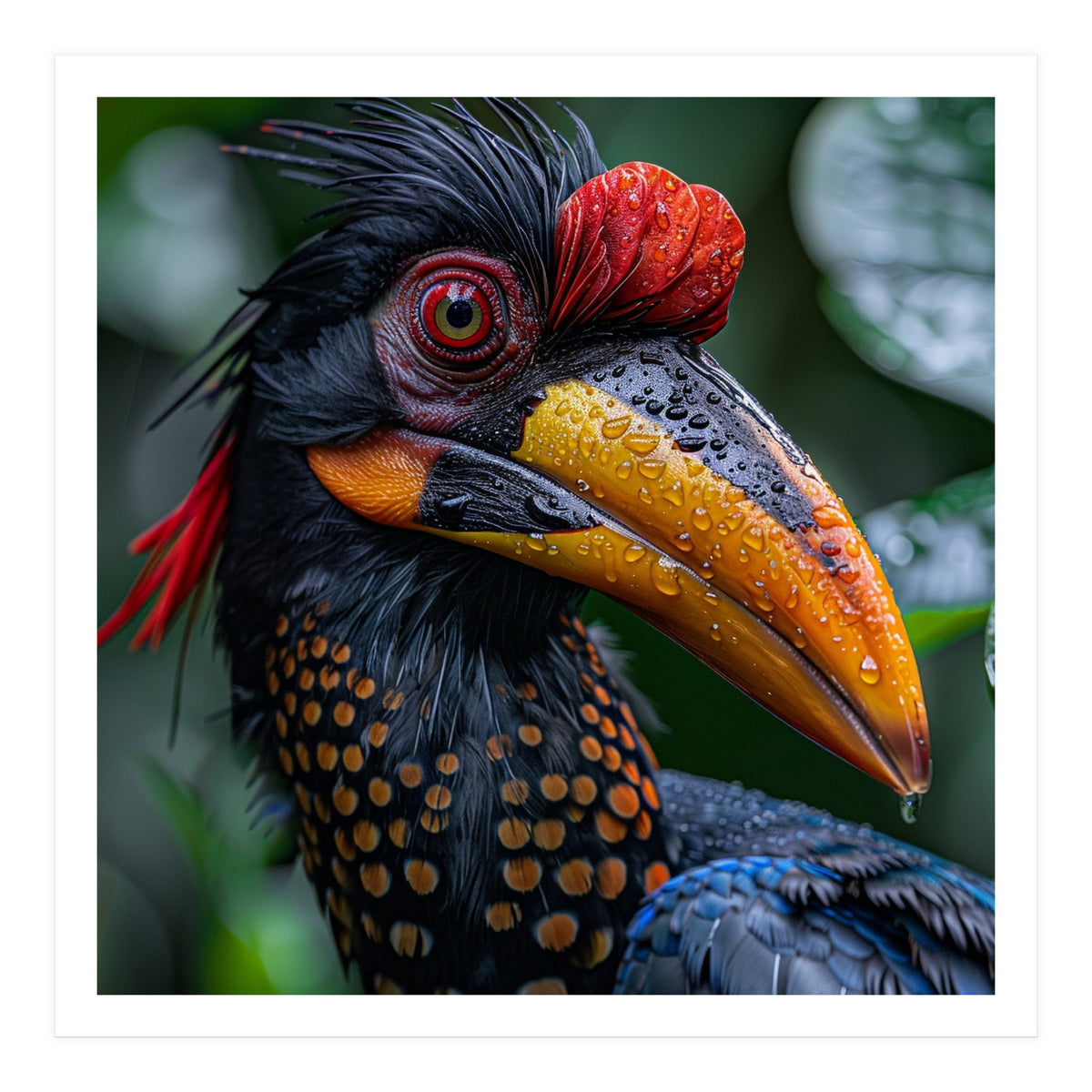 Close Up Of Helmeted Hornbill Bird In Rain (Print Only)