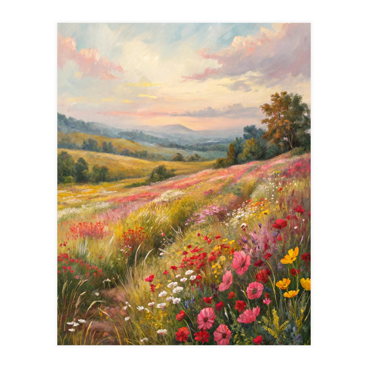 Serene Wildflower Meadow at Sunset Oil Painting (Print Only)