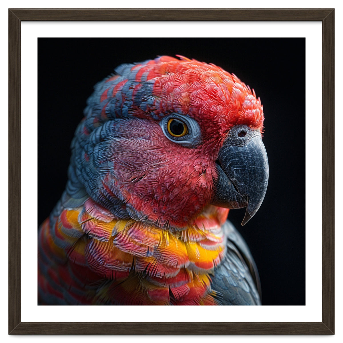 Close Up Parrot Face Red Blue Yellow Plumage