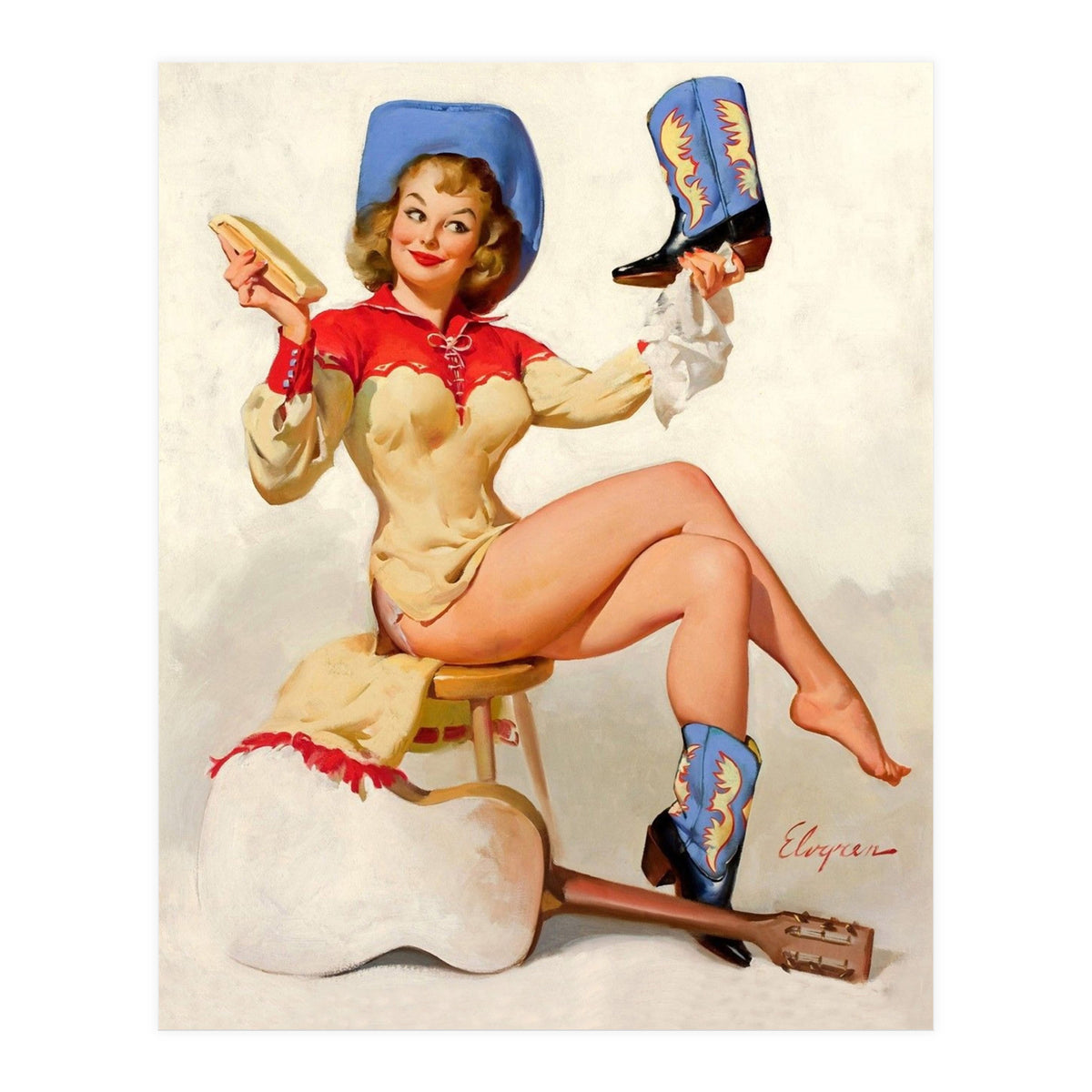 Pinup Sexy Cowgirl Cleaning Her Boots (Print Only)